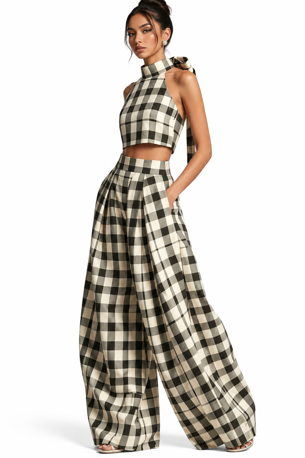 Plaid Halter Neck Crop Top and Wide-Leg Pants Two-Piece Set