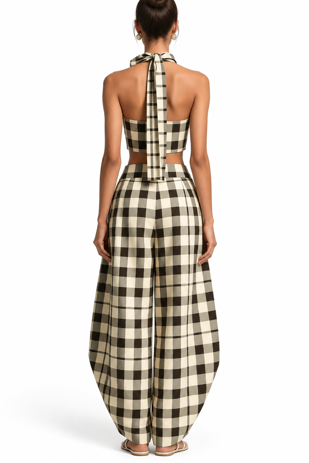 Plaid Halter Neck Crop Top and Wide-Leg Pants Two-Piece Set