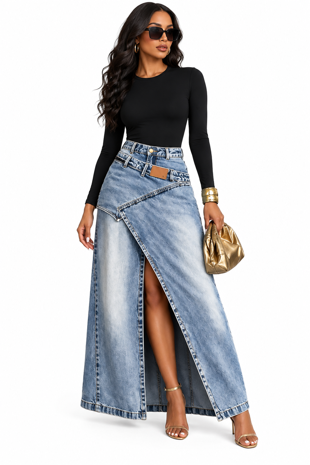 High-Waisted Asymmetric Slit Denim Maxi Skirt
