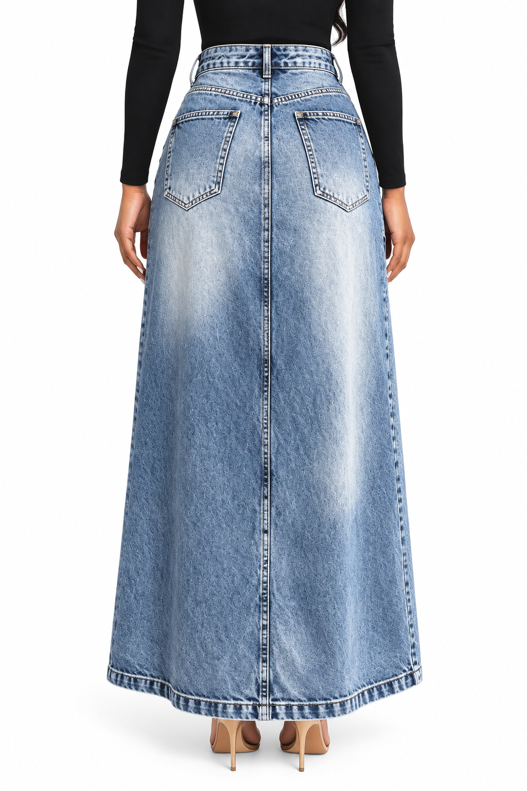 High-Waisted Asymmetric Slit Denim Maxi Skirt