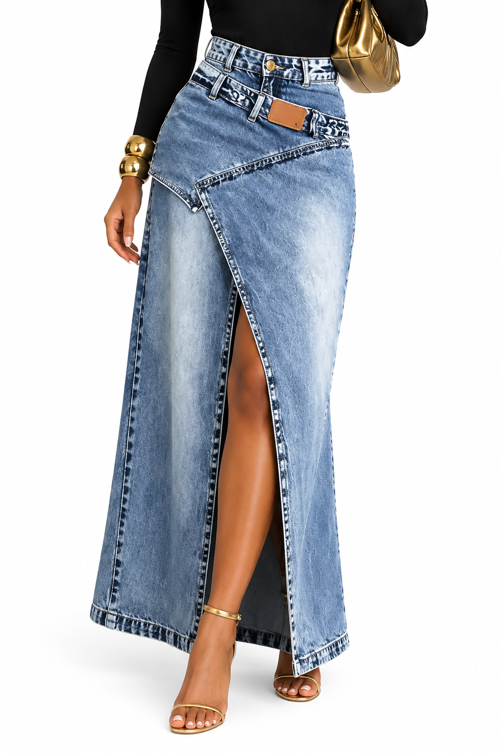 High-Waisted Asymmetric Slit Denim Maxi Skirt