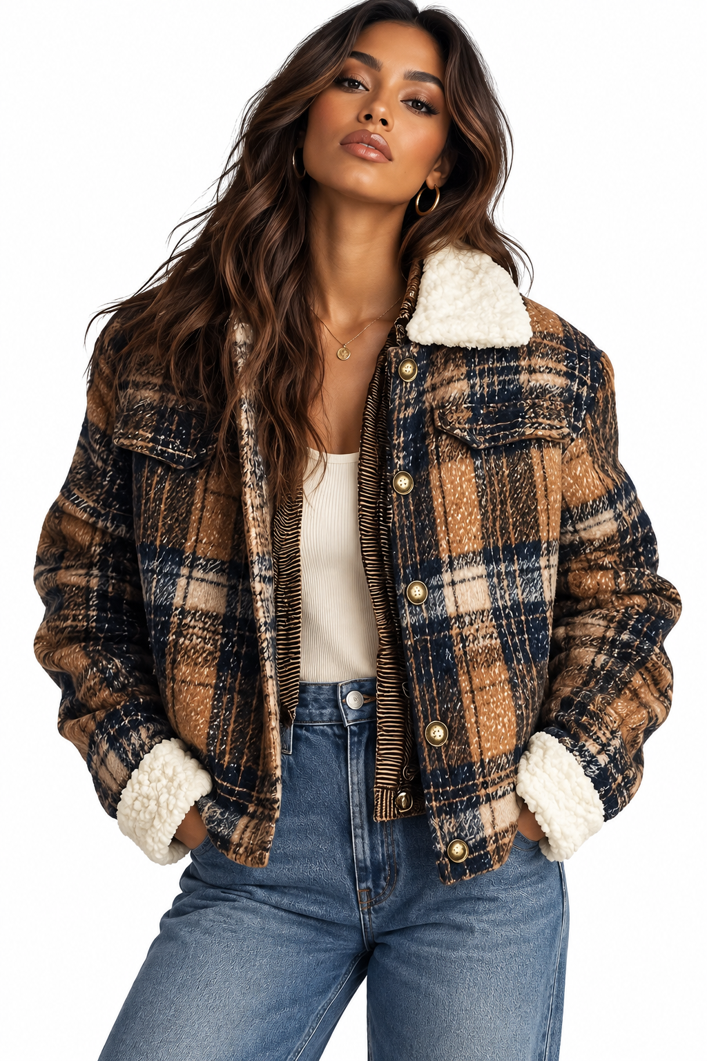 Sherpa-Lined Plaid Button-Down Outerwear