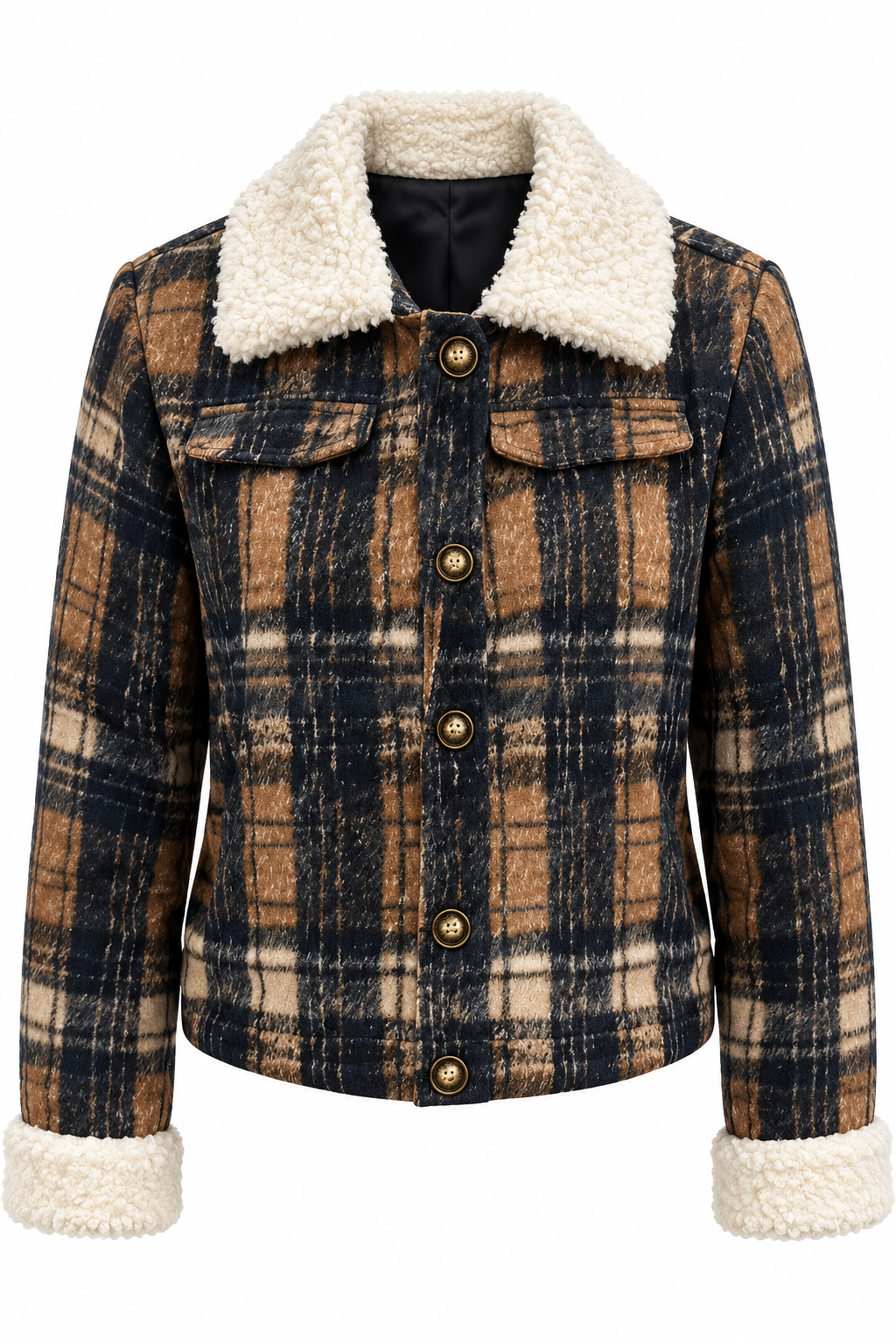 Sherpa-Lined Plaid Button-Down Outerwear