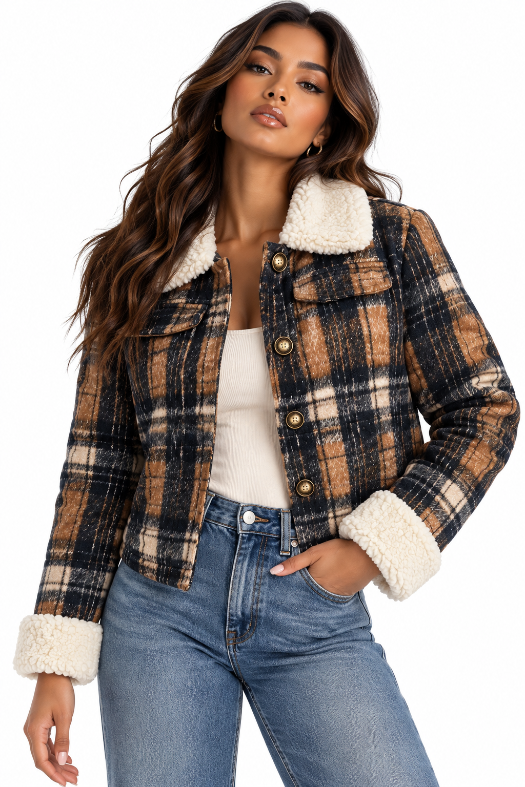 Sherpa-Lined Plaid Button-Down Outerwear