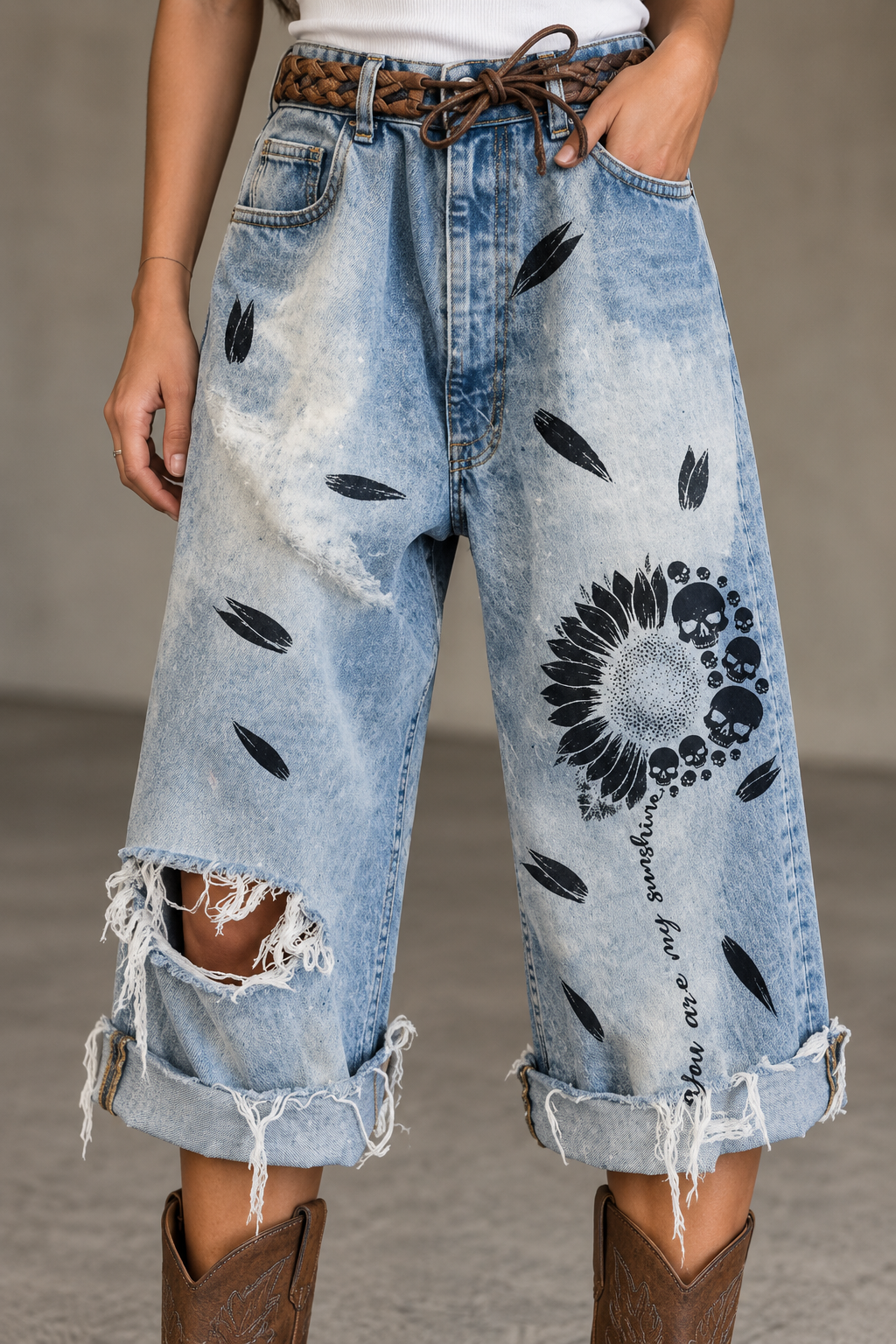 Full Size Distressed Skull Print Jeans Plus Size