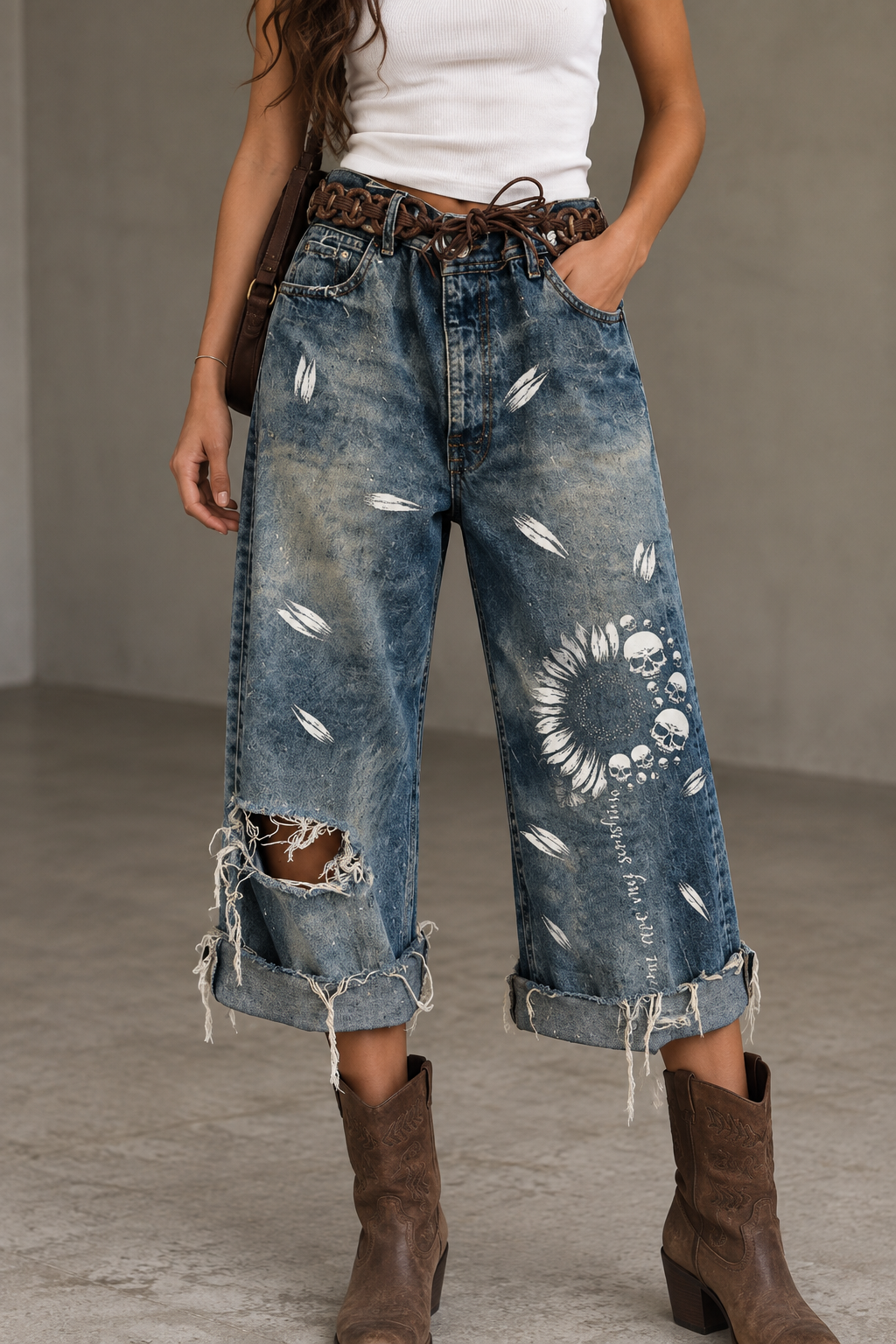 Full Size Distressed Skull Print Jeans Plus Size