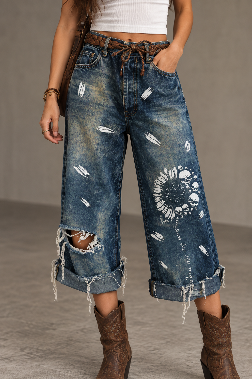 Full Size Distressed Skull Print Jeans Plus Size
