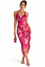 Floral Print Halter Neck Ruched Midi Dress
