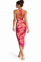 Floral Print Halter Neck Ruched Midi Dress