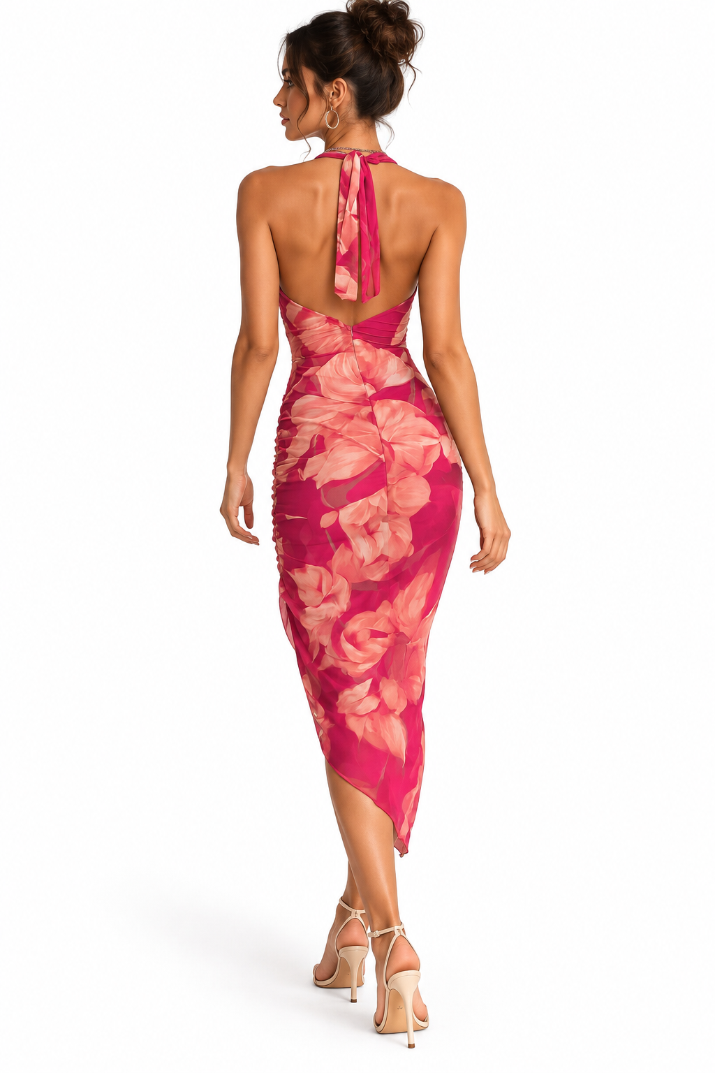 Floral Print Halter Neck Ruched Midi Dress