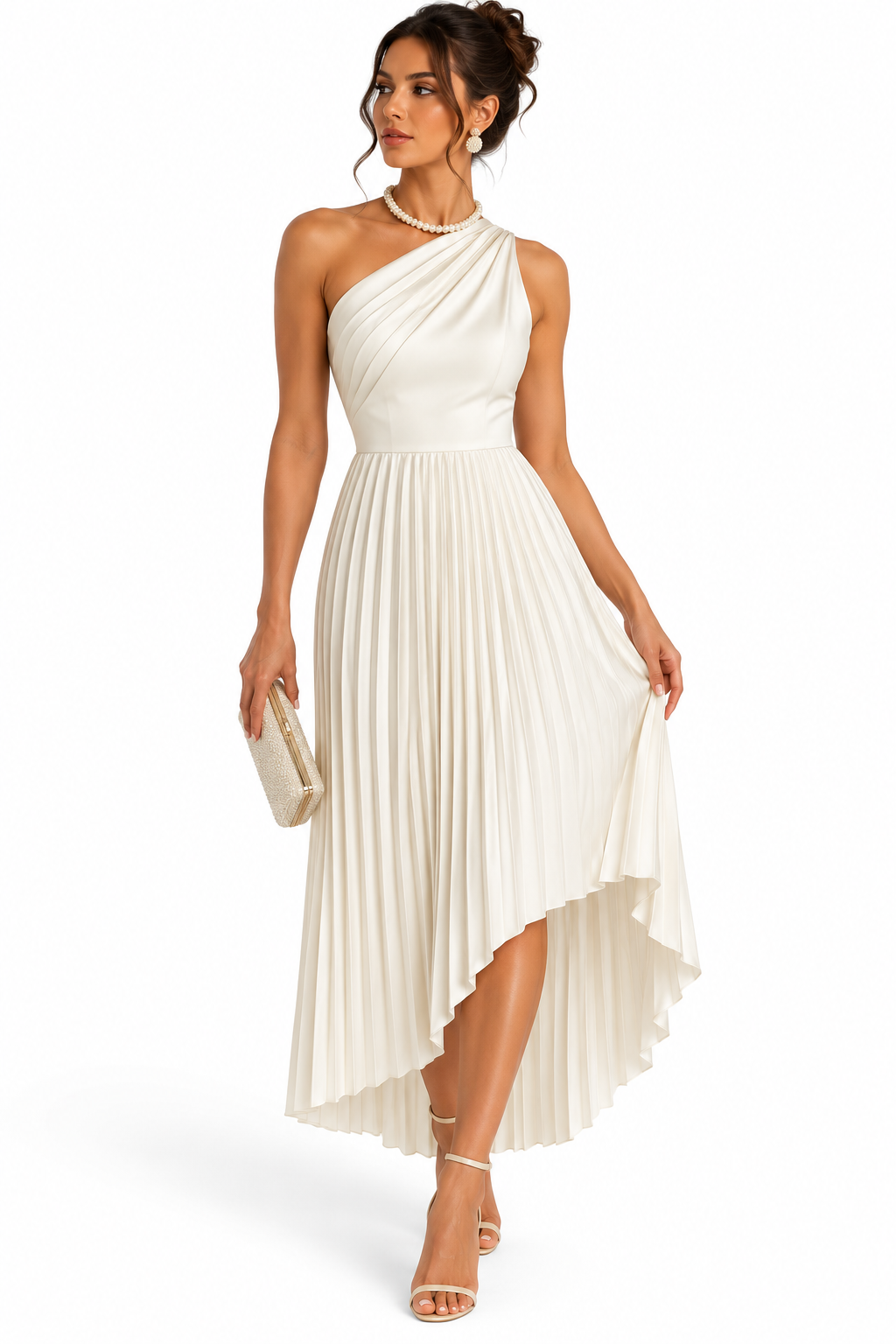 One-Shoulder Pleated Midi Dress