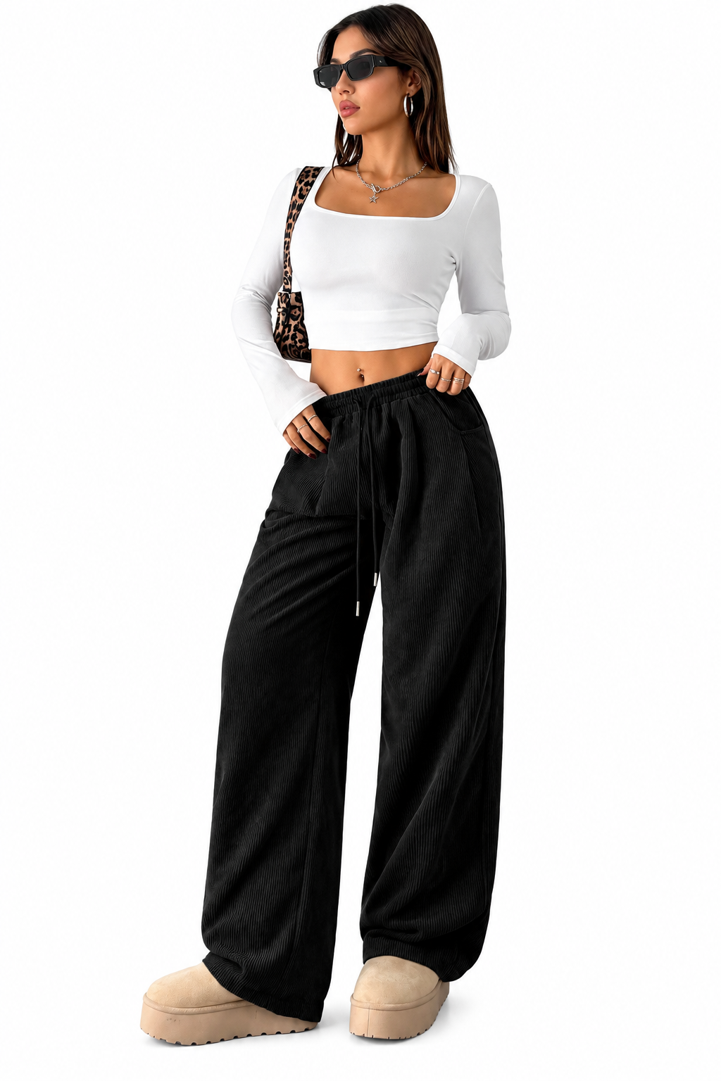 Women's Corduroy Wide-Leg Pants – Loose Fit, Slimming & Drapey Casual Trousers