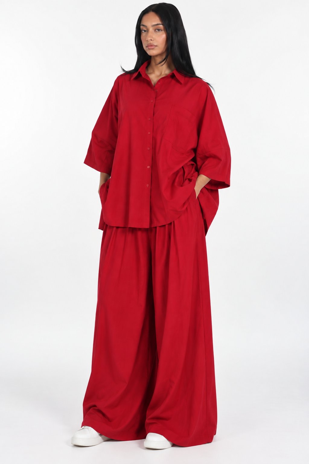 Women's Plus Size Polka Dot Two-Piece Set – Loose Shirt & Wide-Leg Pants Outfit