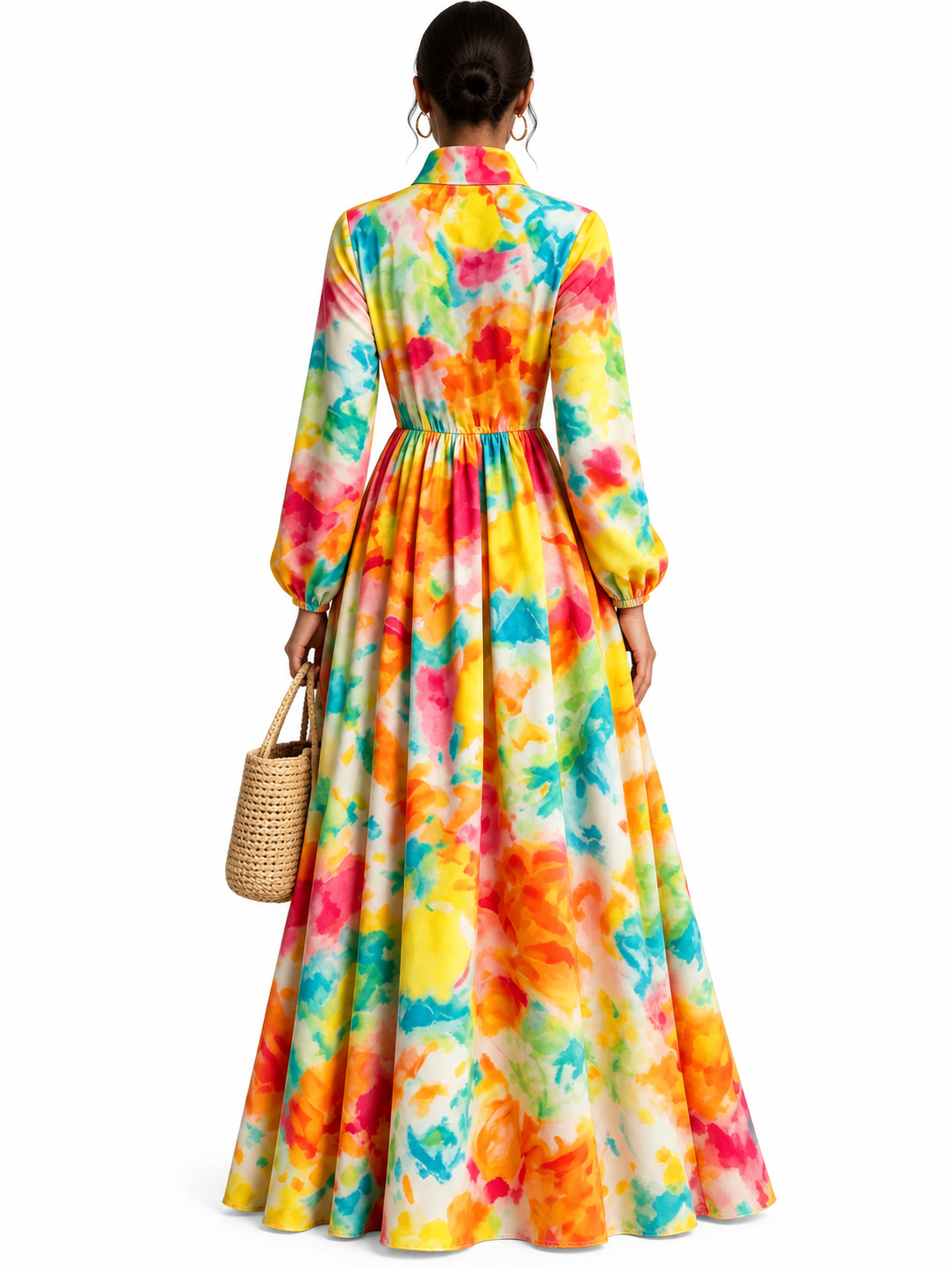 Watercolor Print Long-Sleeve Button-Down Maxi Dress – view 2