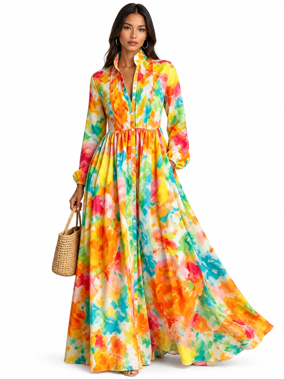 Watercolor Print Long-Sleeve Button-Down Maxi Dress