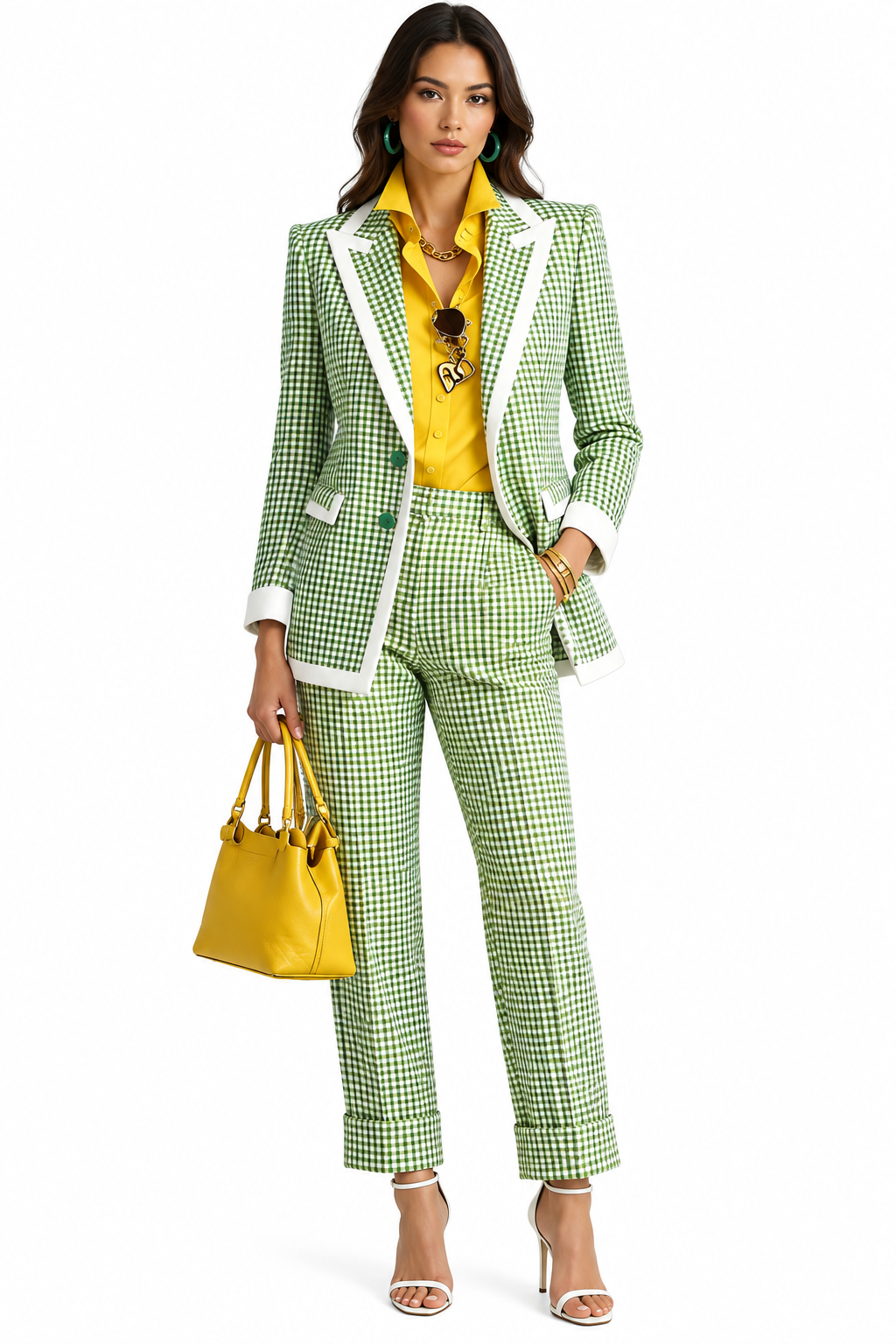 Plaid Blazer and Pants Suit Set in Green