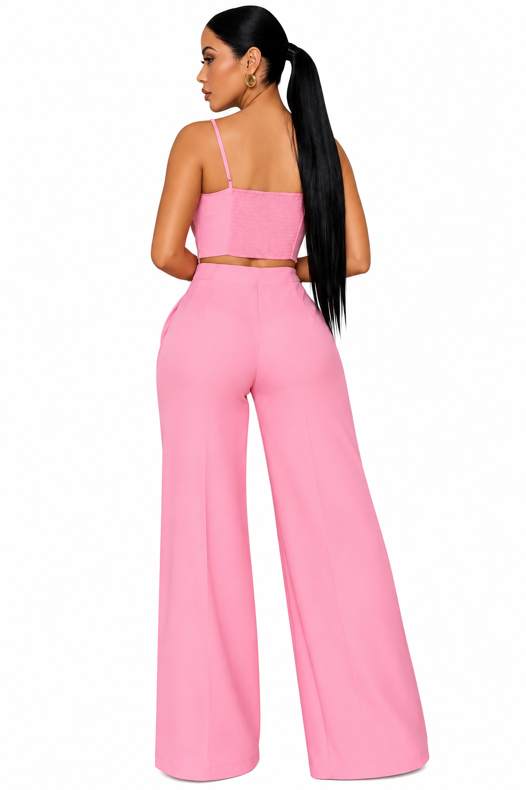 Pleated Camisole Top & Wide-Leg Pants Set – Women's Gold Button 2-Piece Outfit