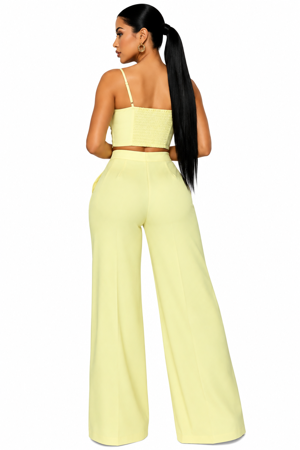 Pleated Camisole Top & Wide-Leg Pants Set – Women's Gold Button 2-Piece Outfit