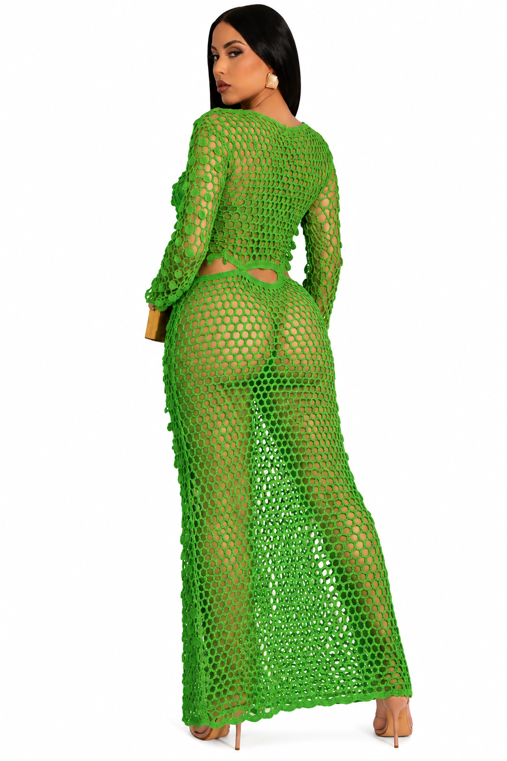 Crochet Sequin Hollow-Out Crop Top & Midi Skirt Set – Women's Sexy Beach 2-Piece Outfit