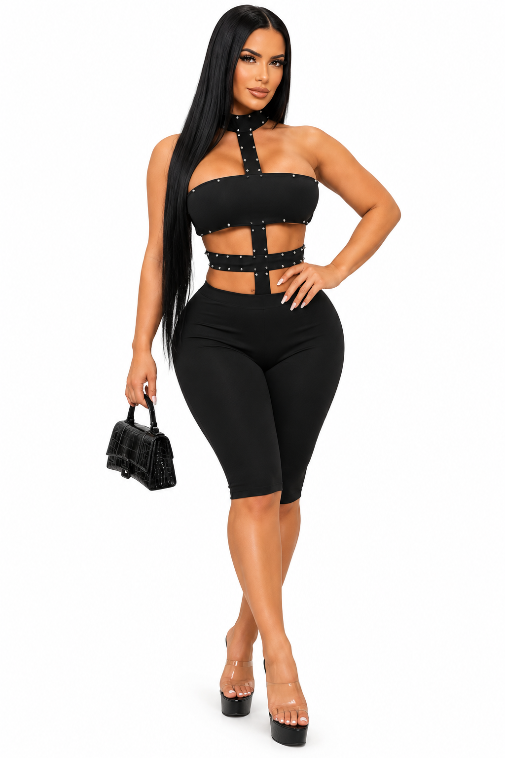 Black Studded Halter Cut-Out Romper