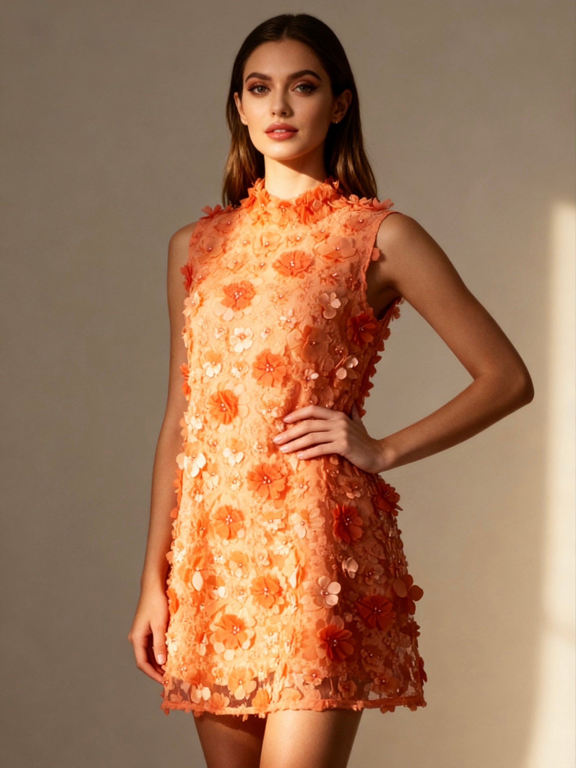 Minivestido sin mangas de cuello alto con apliques florales