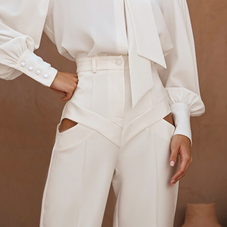 Women Clothing Autumn Niche Design Hollow Out Cutout out Casual Pants Fashionable All Match Loose White Trousers