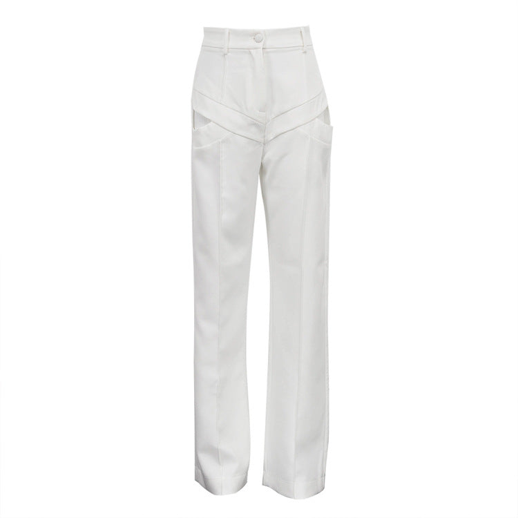 Women Clothing Autumn Niche Design Hollow Out Cutout out Casual Pants Fashionable All Match Loose White Trousers