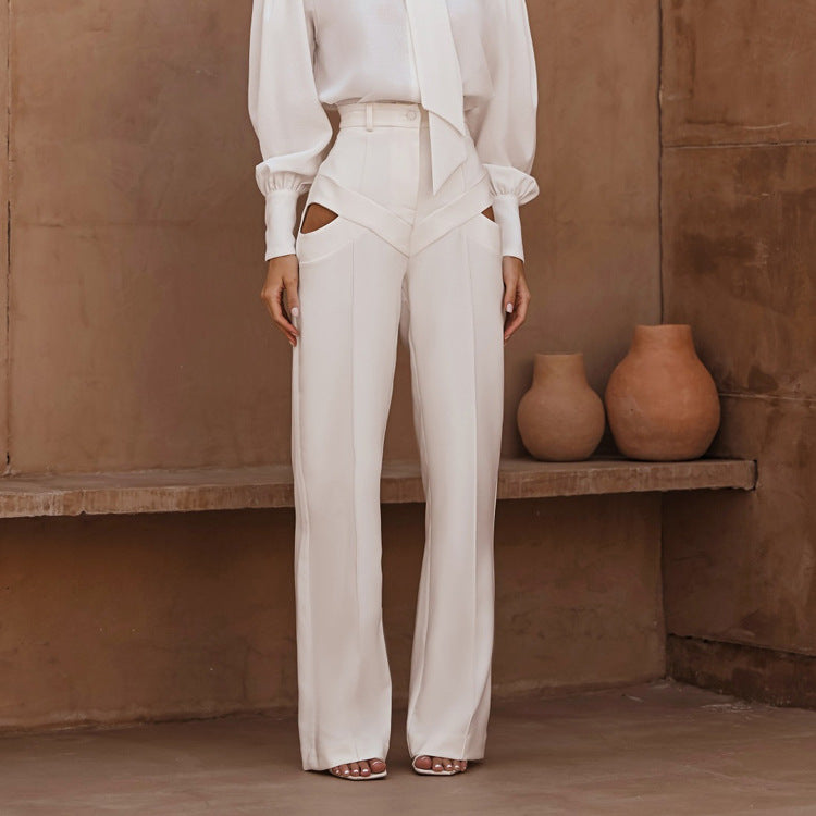 Women Clothing Autumn Niche Design Hollow Out Cutout out Casual Pants Fashionable All Match Loose White Trousers