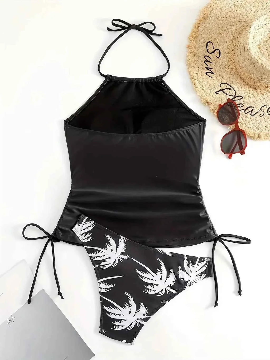 Black Coconut Print Tie Bikini Set for Women