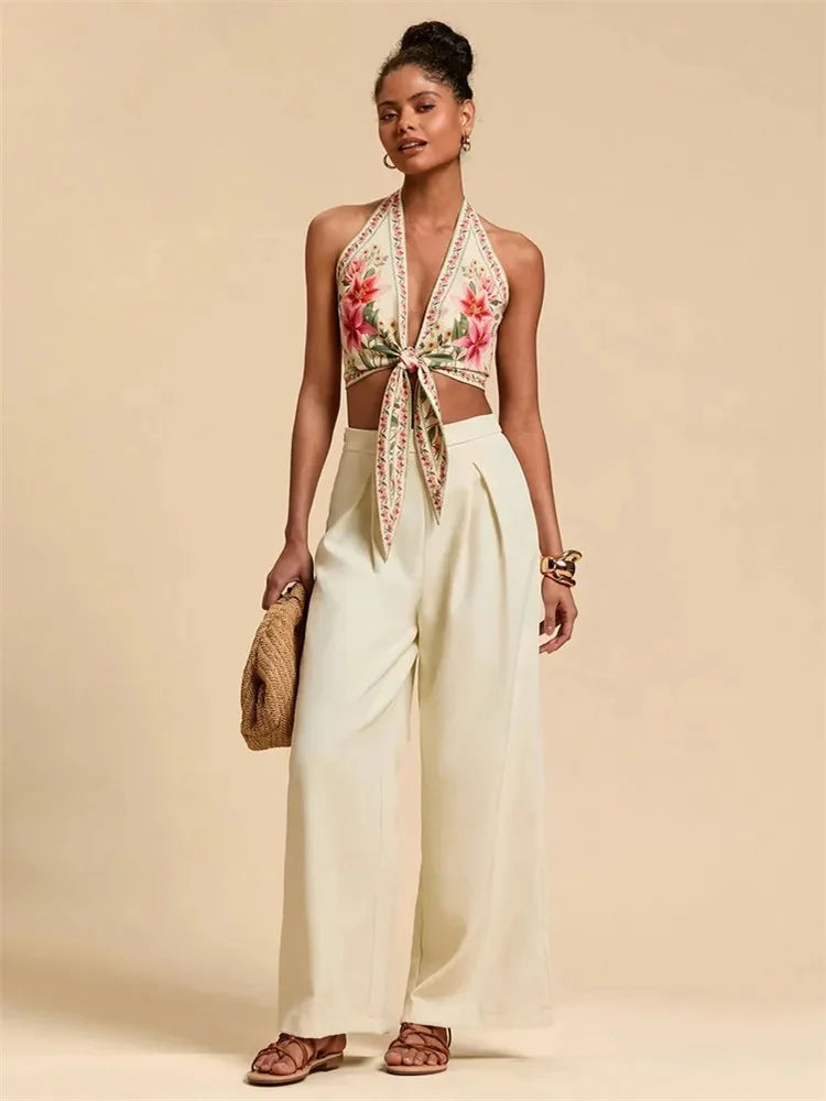 Sexy Knot Front Halter Crop Top for Women Summer Sleeveless Graphic Floral Printed V-neck Backless Tank Top Y2K Clothes