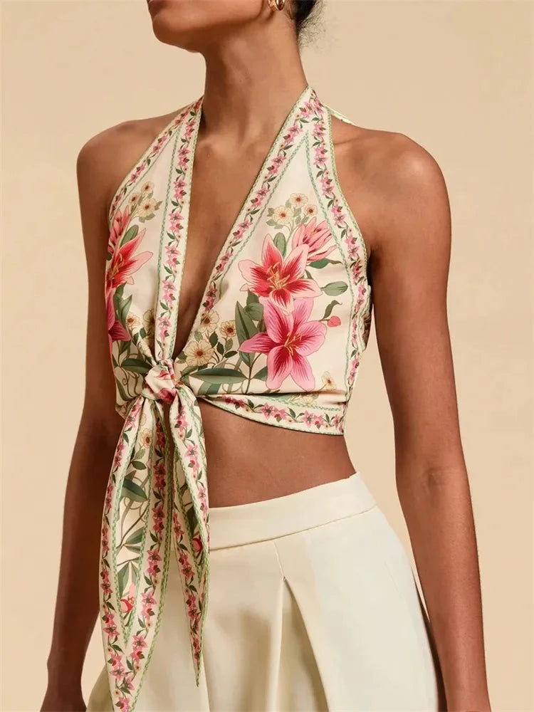Sexy Knot Front Halter Crop Top for Women Summer Sleeveless Graphic Floral Printed V-neck Backless Tank Top Y2K Clothes