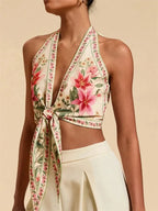 Sexy Knot Front Halter Crop Top for Women Summer Sleeveless Graphic Floral Printed V-neck Backless Tank Top Y2K Clothes