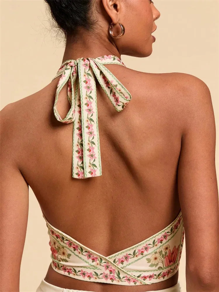 Sexy Knot Front Halter Crop Top for Women Summer Sleeveless Graphic Floral Printed V-neck Backless Tank Top Y2K Clothes