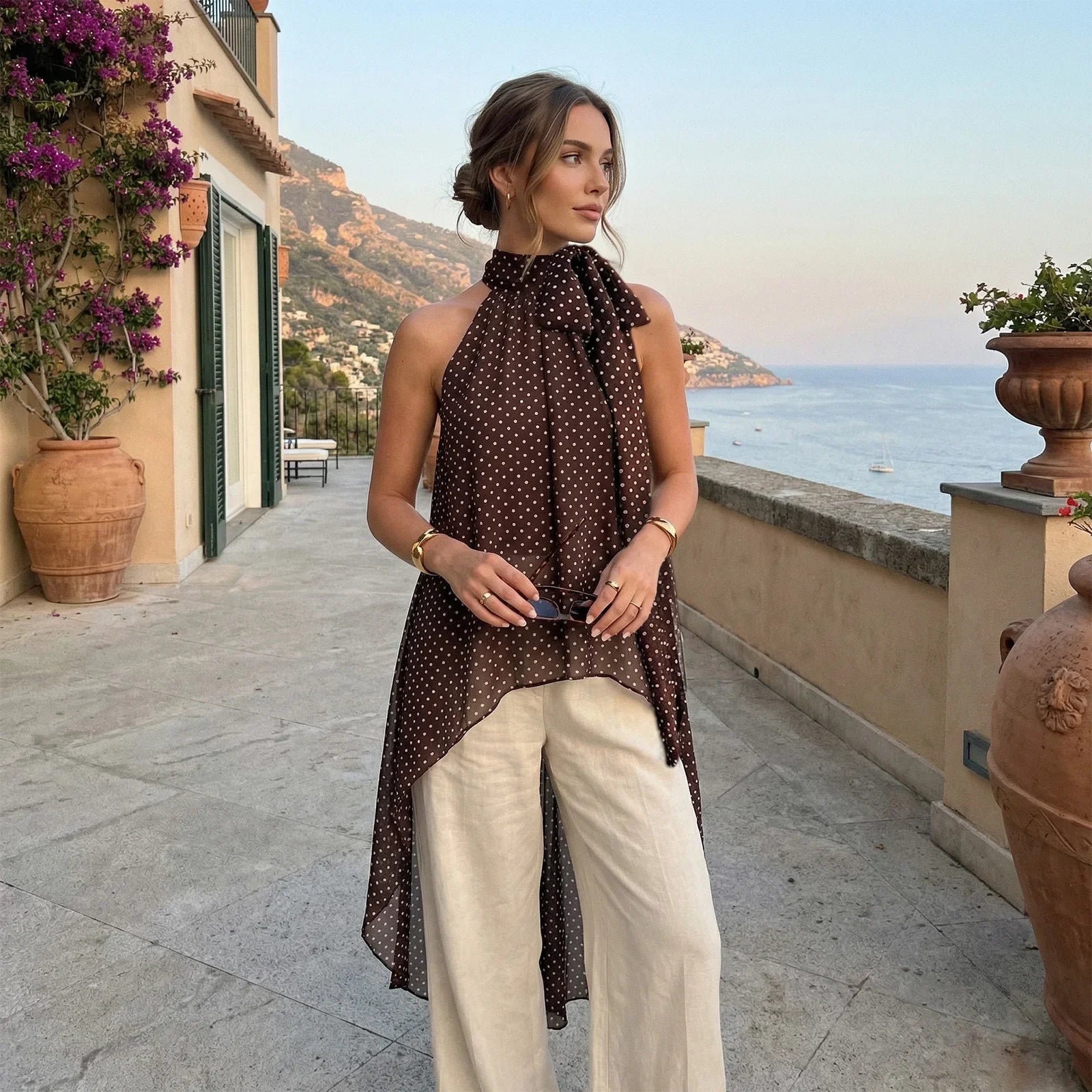 Women’s Solid Color Halter Neck Long Tops Summer Fashionable Dot Print Backless Going Out Vest