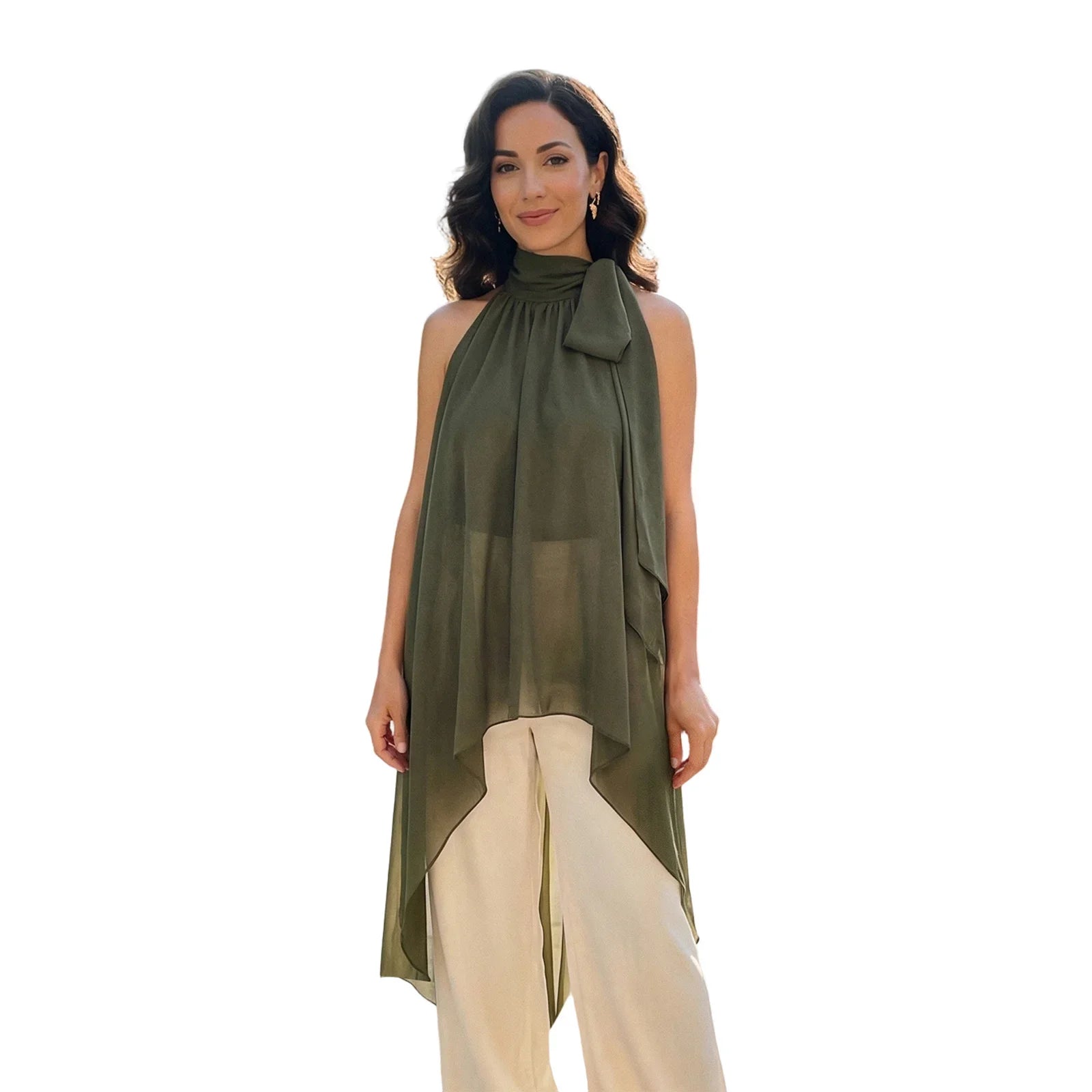 Women’s Solid Color Halter Neck Long Tops Summer Fashionable Dot Print Backless Going Out Vest