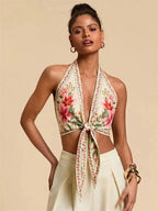 Sexy Knot Front Halter Crop Top for Women Summer Sleeveless Graphic Floral Printed V-neck Backless Tank Top Y2K Clothes