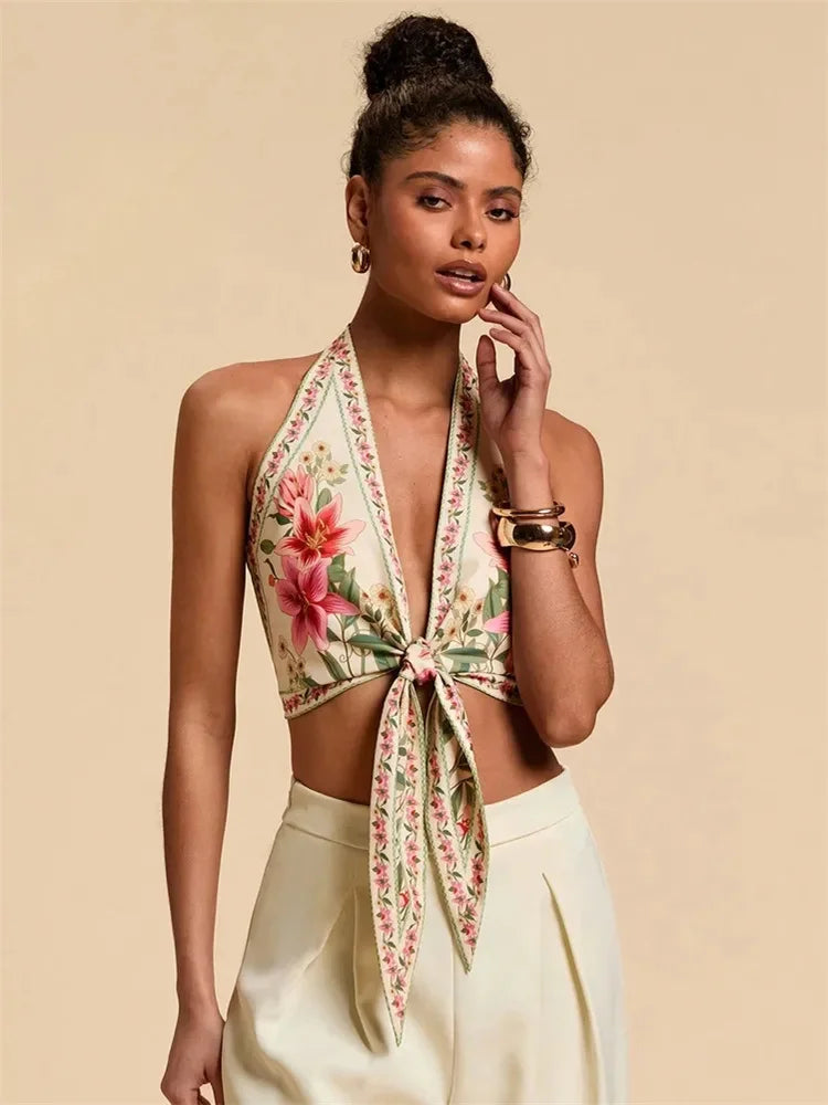 Sexy Knot Front Halter Crop Top for Women Summer Sleeveless Graphic Floral Printed V-neck Backless Tank Top Y2K Clothes