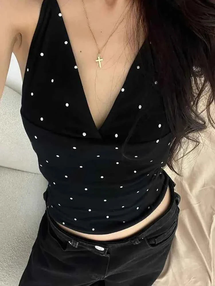 Polka Dot V-Neck Halter Backless Tank Top
