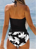 Black Coconut Print Tie Bikini Set for Women