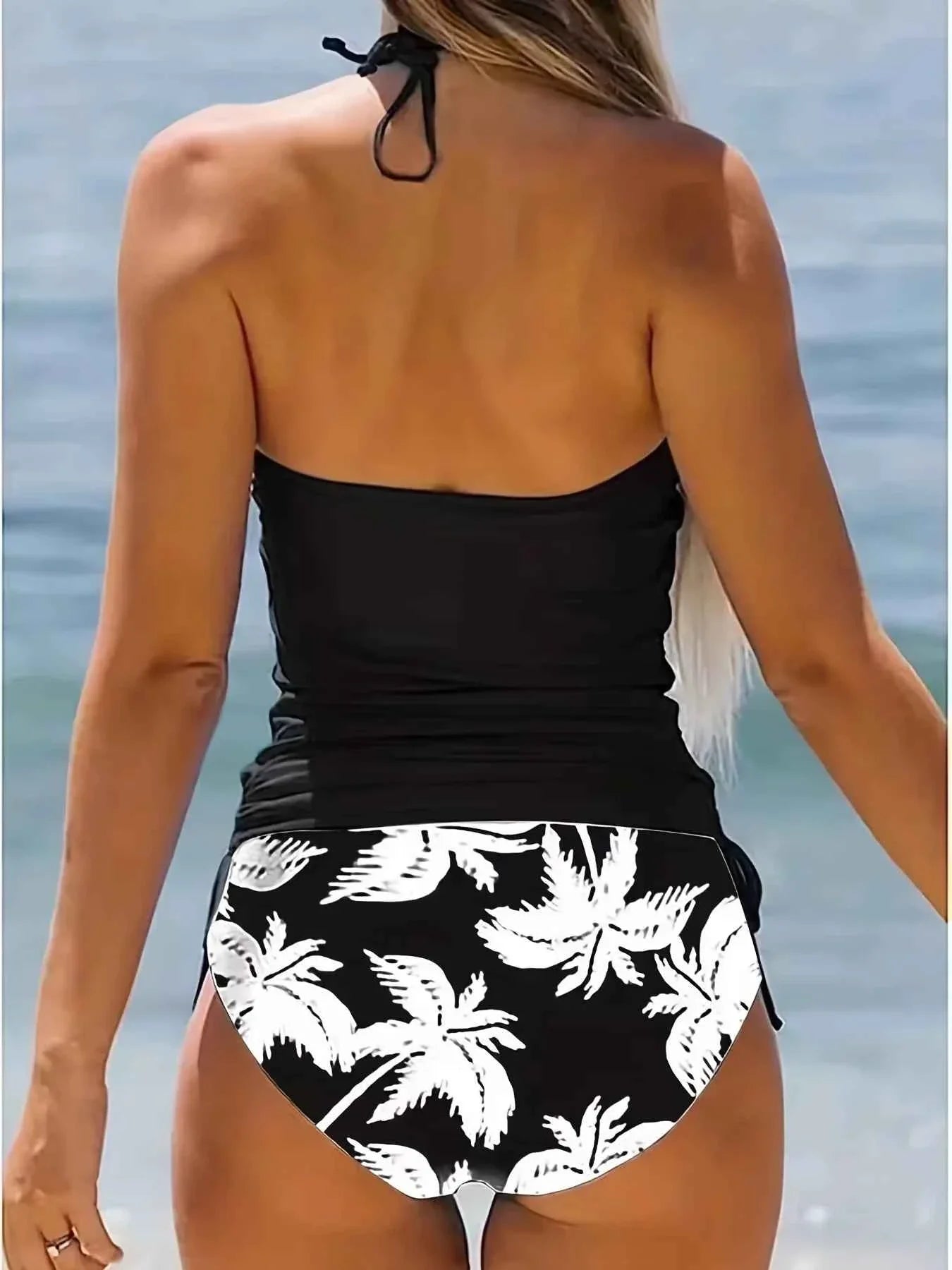 Black Coconut Print Tie Bikini Set for Women