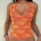 Women's Solid Color Summer Lace Halter Tank Tops Sleeveless Deep V-Neck Backless Slim Fit Vest Streetwear