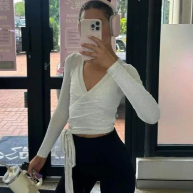 Women Cross Wrap Tie Crop Tops Yoga Shirts Long Sleeve Deep V Neck Solid Color Slim Fit Shirts Ladies Yoga Workout Blouses Tees