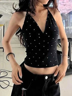 Polka Dot V-Neck Halter Backless Tank Top