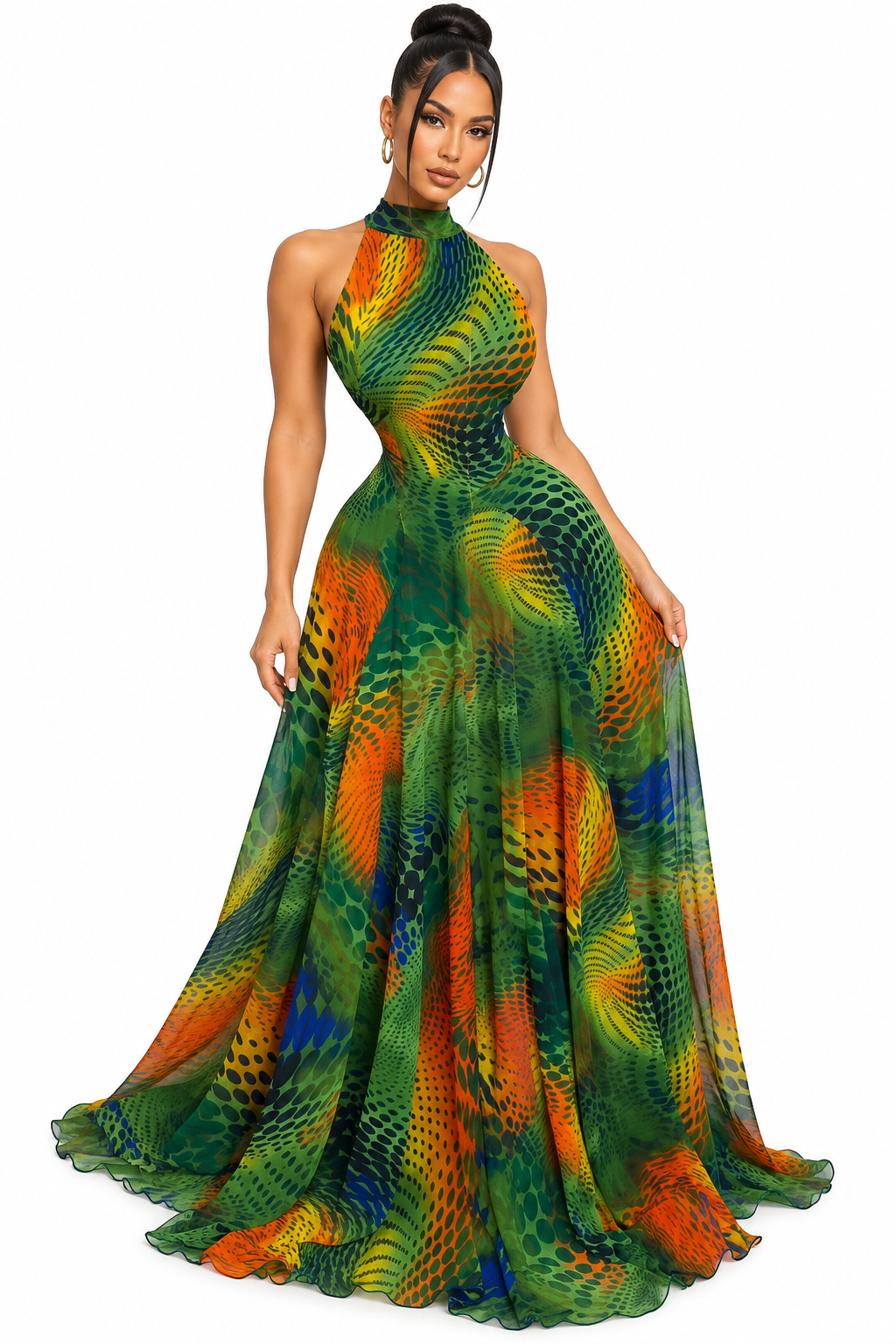 Printed Sleeveless Maxi Dress – Tie Waist Ruffle Long Dress