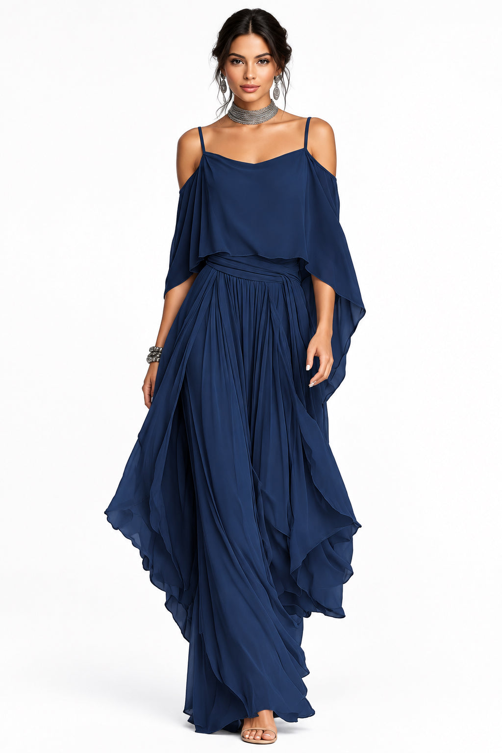 Gray Chiffon Off-Shoulder Cami & Wide-Leg Pants Set in Navy blue