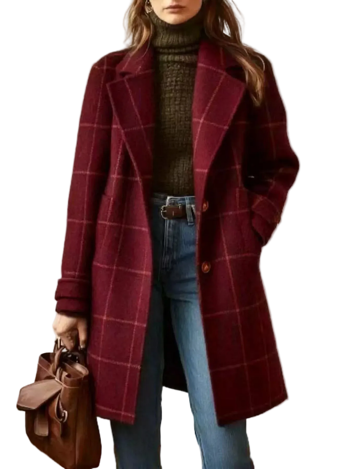 Full Size Plaid Lapel Collar Longline Single-Breasted Overcoat Plus Size