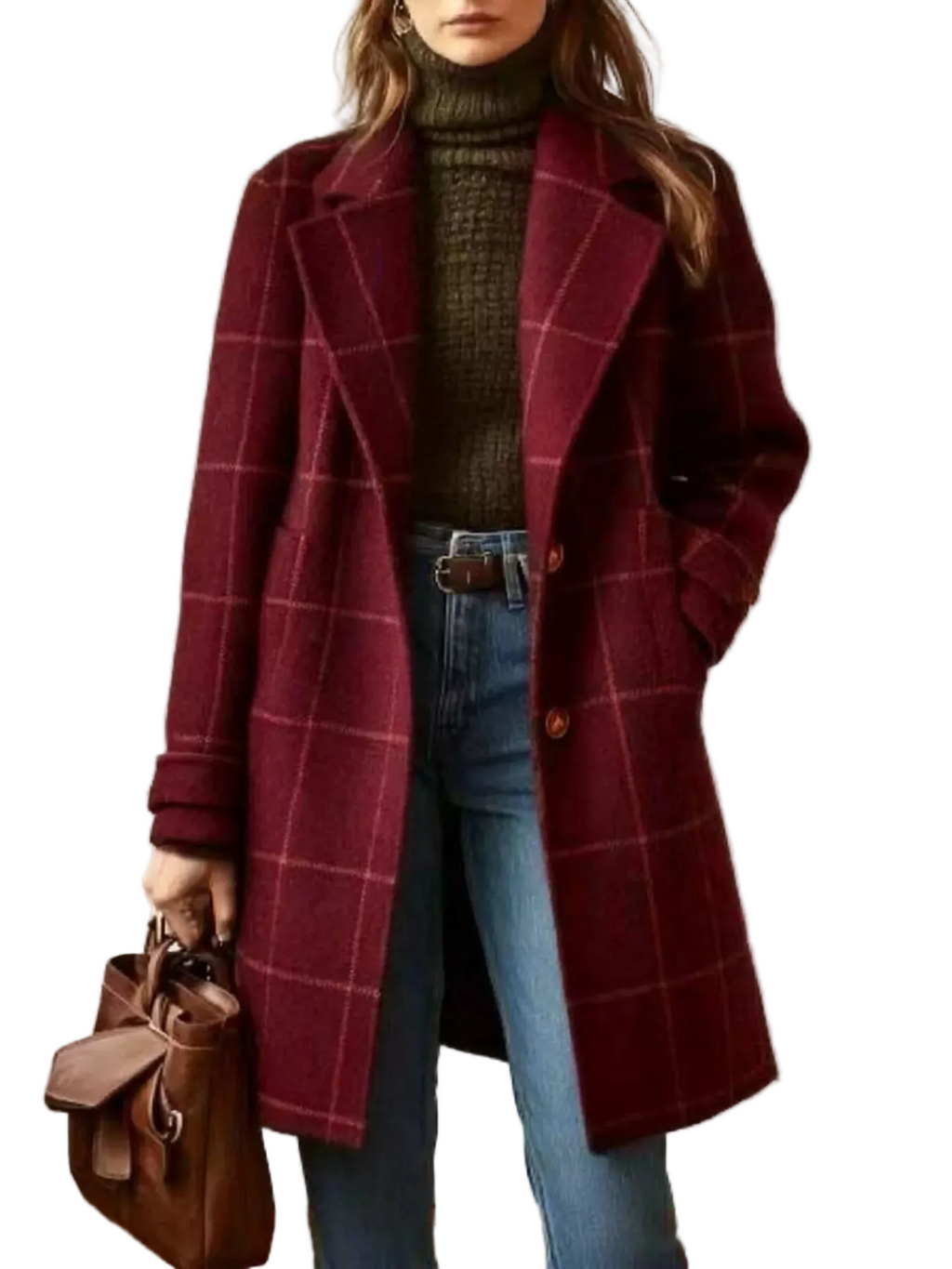 Full Size Plaid Lapel Collar Longline Single-Breasted Overcoat Plus Size