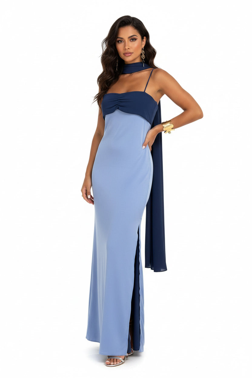 Women's Color Block Scarf Collar Bodycon Dress – Slim Fit Spaghetti Strap Mini