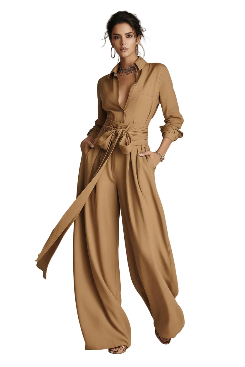High Waist Short-Sleeve Top & Wide-Leg Pants Set in Khaki