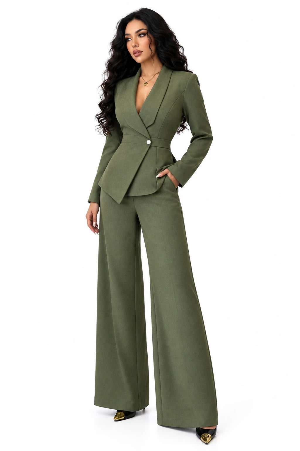 One Button Blazer and Pants Set in Green
